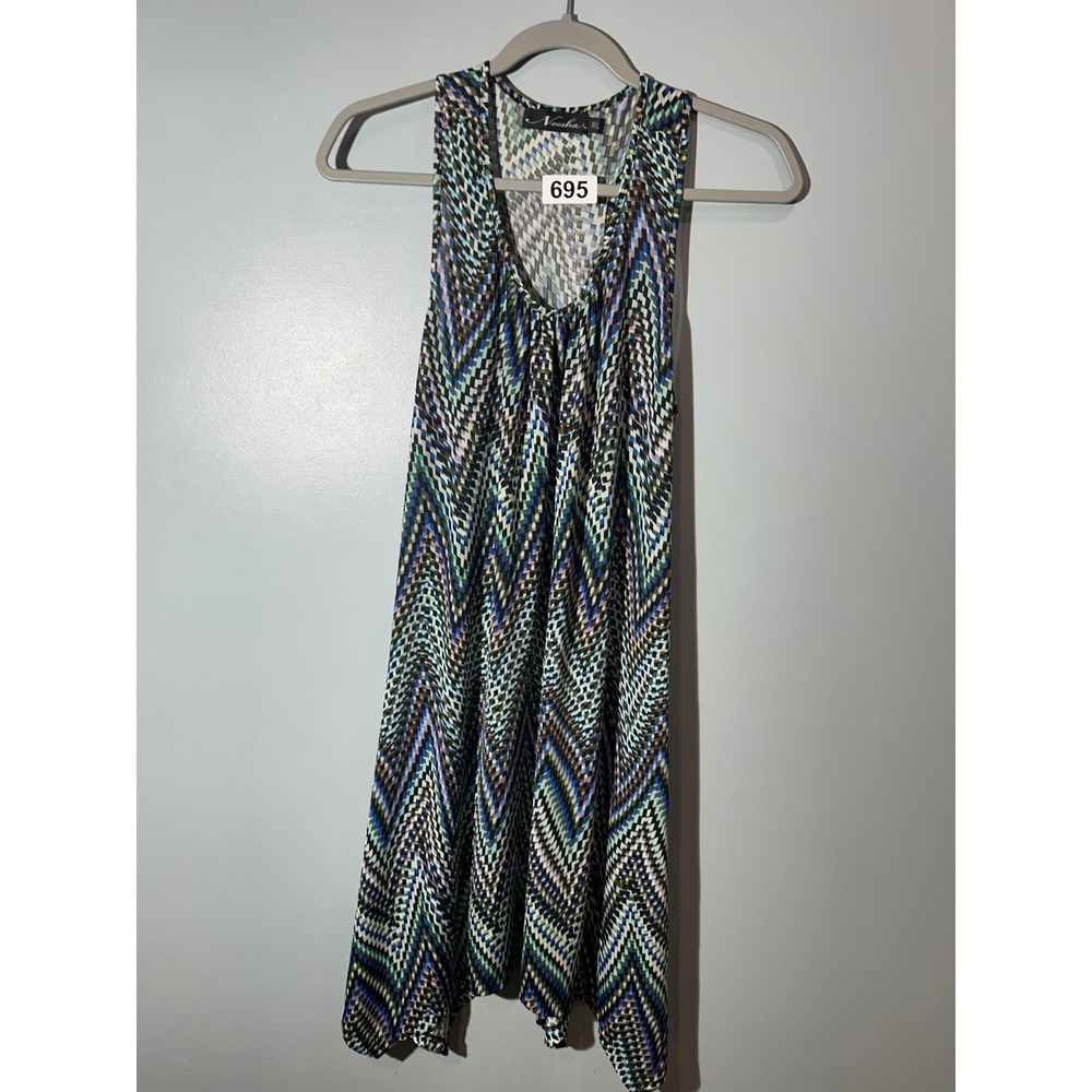 Neesha Geometric Chevron Handkerchief Hem Sleeveless Tunic Top Blue Green‎ M/L
